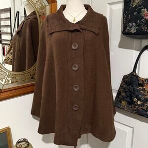 NWOT Appleseeds Dark Brown 100% Wool Button Down Collared Poncho OS
